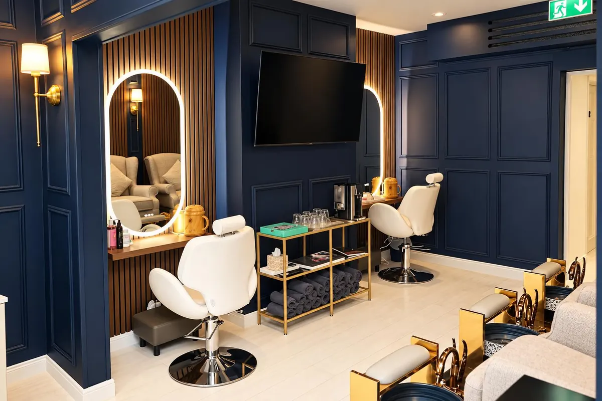 The SHOW treatment area, with navy panelled walls and an arched mirror