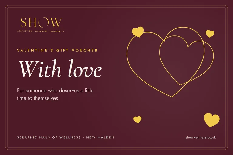 SHOW Valentine's Day gift voucher card: deep red with gold hearts